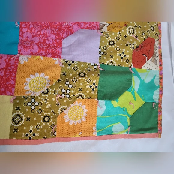 Vtg 70s Boho patchwork Quilt XL 80x80 Bow Tie Multi Color Prints HomeMade